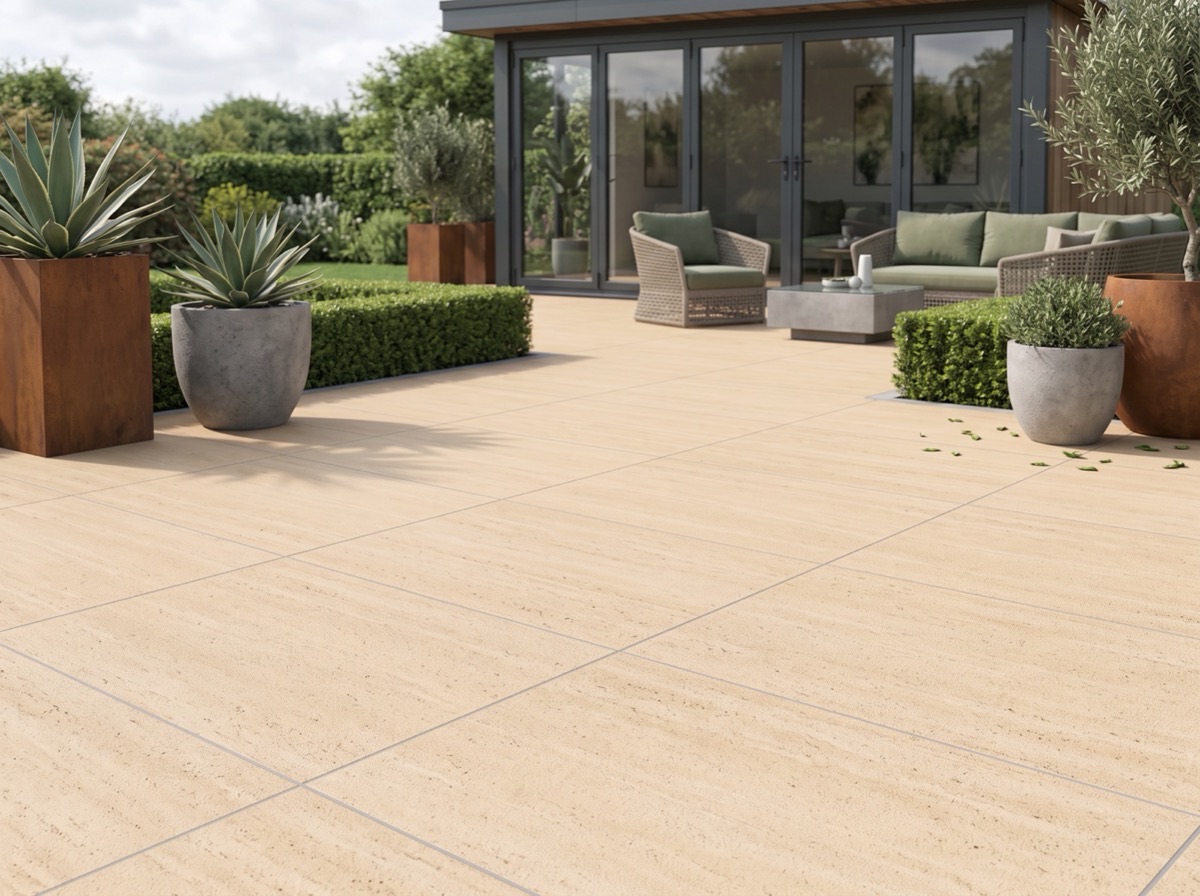 Travertino Gold porcelain paving laid around a modern garden room
