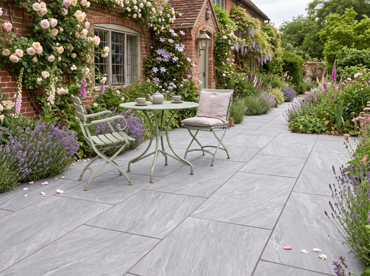 Kandla Grey anti-slip porcelain paving laid as a cottage-garden patio with a bistro set