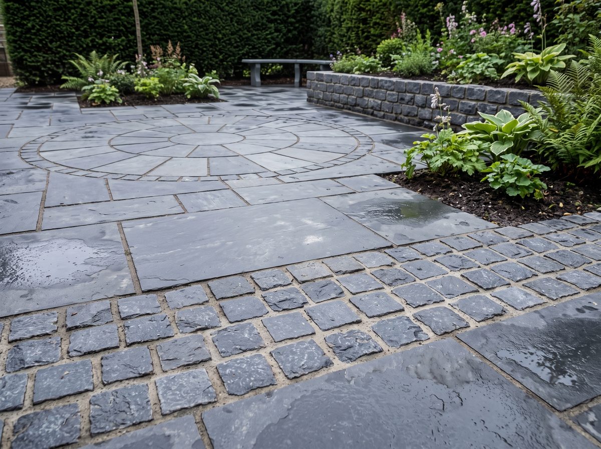 Cobble setts edging a paved path with a stone circle feature beyond