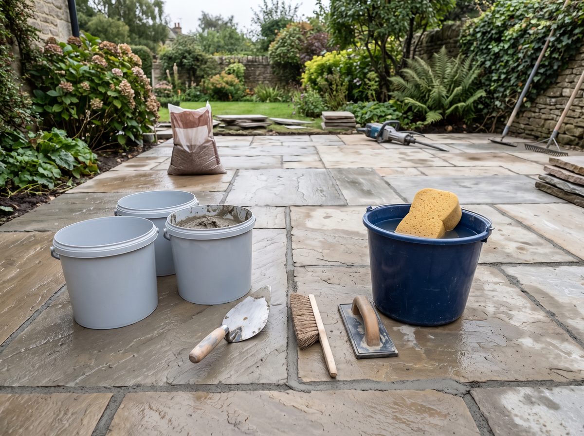 Tubs of jointing mortar and stone sealer beside part-laid paving