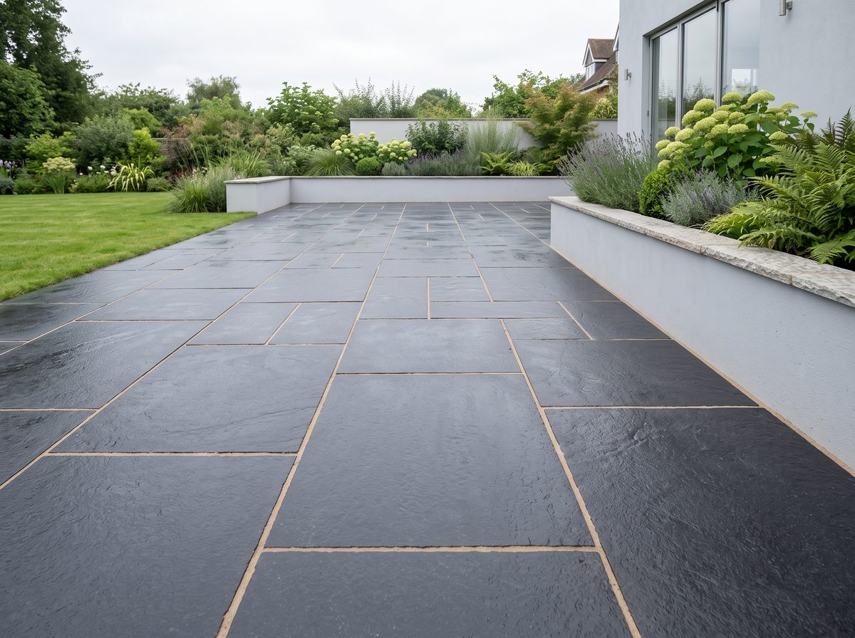 Dark Kota Black Indian limestone paving laid in a landscaped UK garden