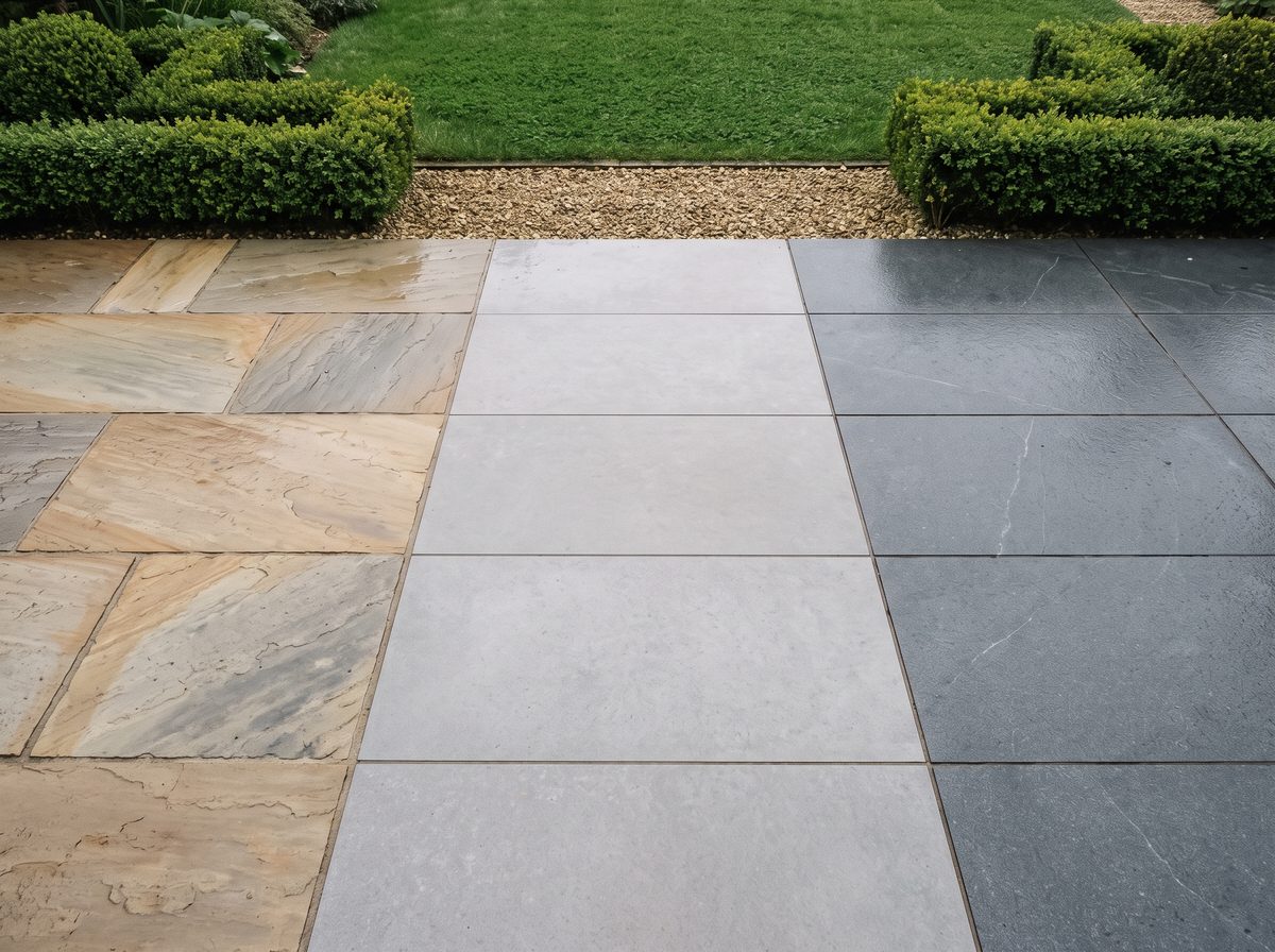 A large paved patio of mixed porcelain and natural stone slabs in a UK garden