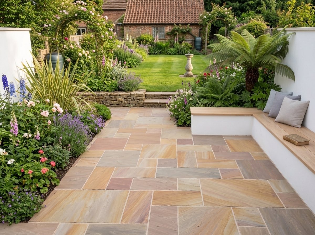 Riven Indian sandstone paving laid as a patio beside a lawn