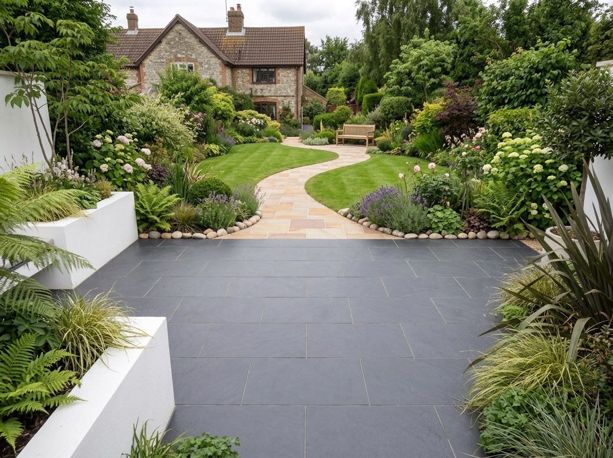 Porcelain patio and sandstone garden path in a landscaped UK garden