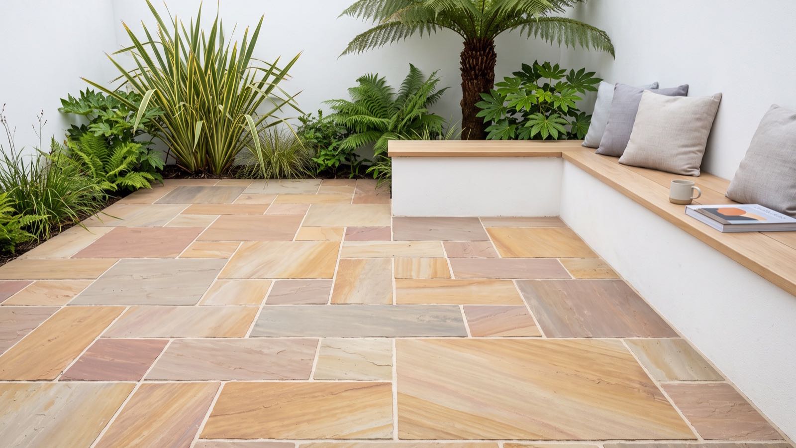 Riven Indian sandstone patio in a walled UK courtyard garden