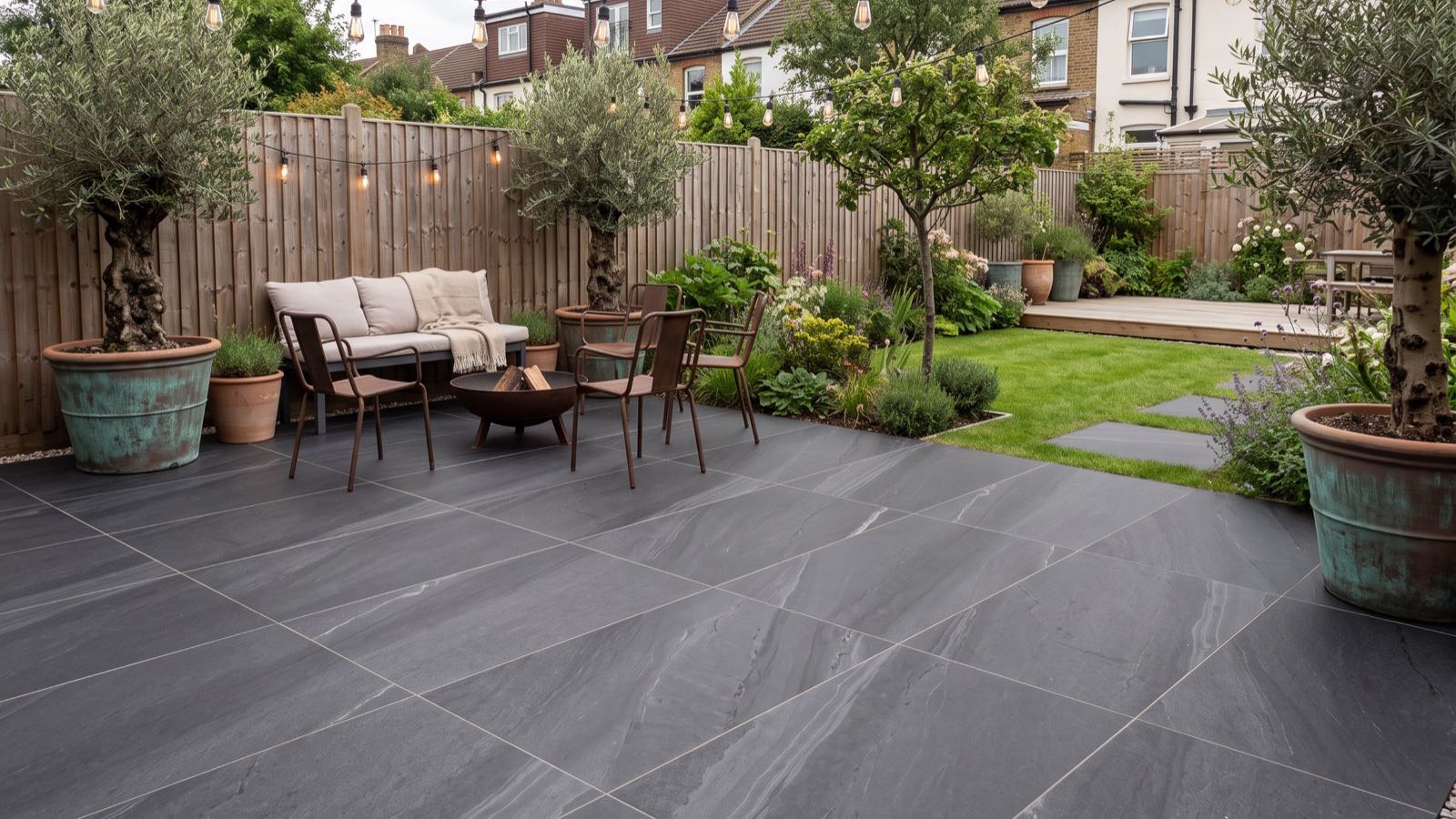 Dark anti-slip porcelain patio in a UK terraced garden with festoon lighting