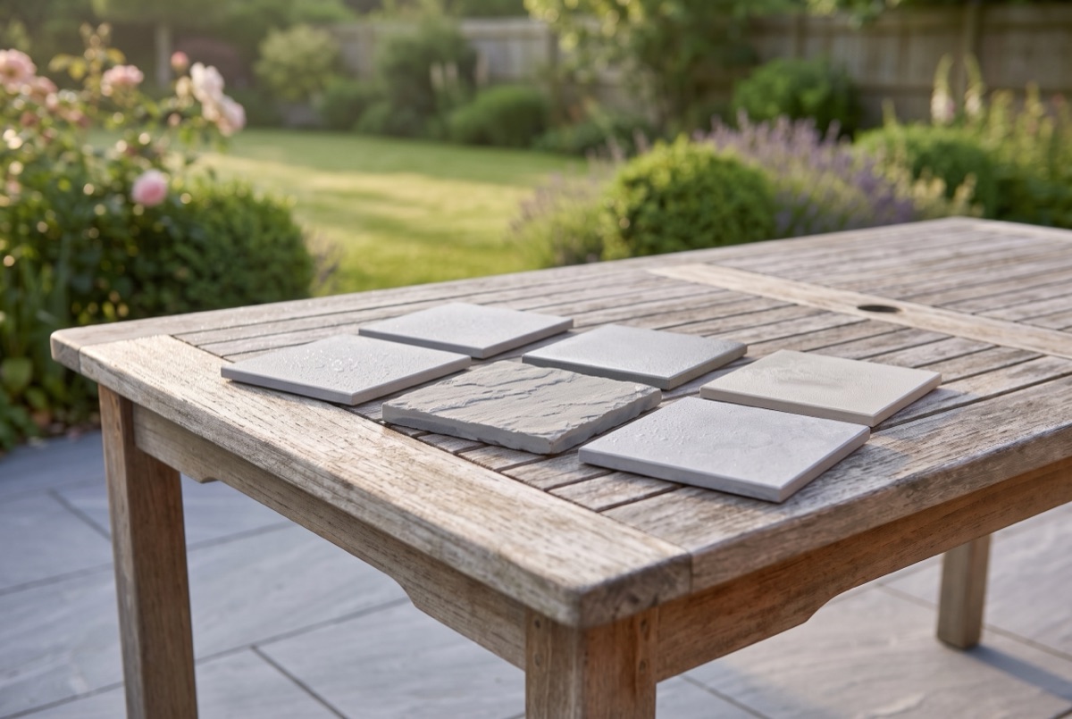Small square paving samples laid out on a garden table in a UK garden