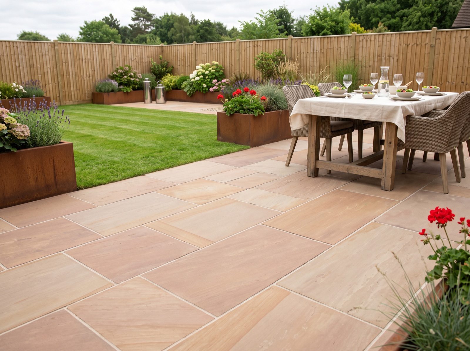 Autumn Brown Indian Sandstone Patio Paving Slabs - HONED & SAWN Finish shown laid in a garden setting