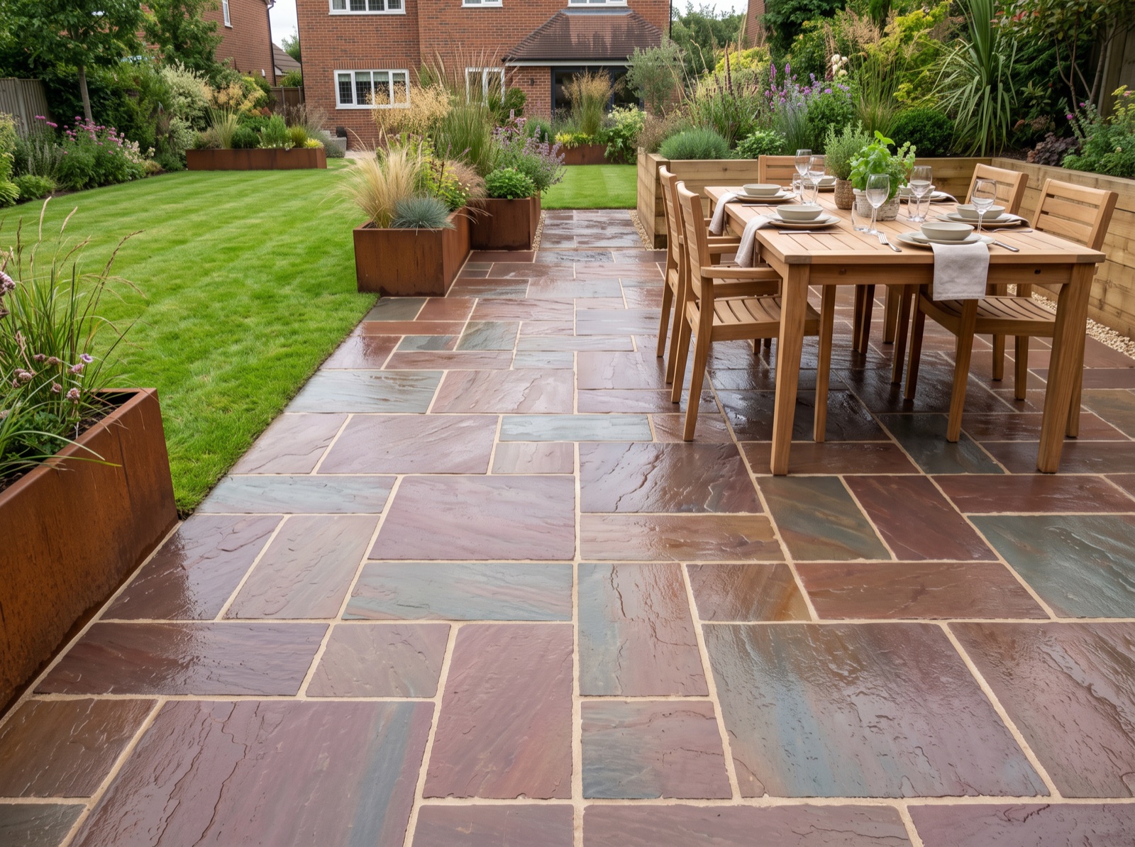 Autumn Brown Indian Sandstone Patio Paving Slabs - NATURAL Finish shown laid in a garden setting