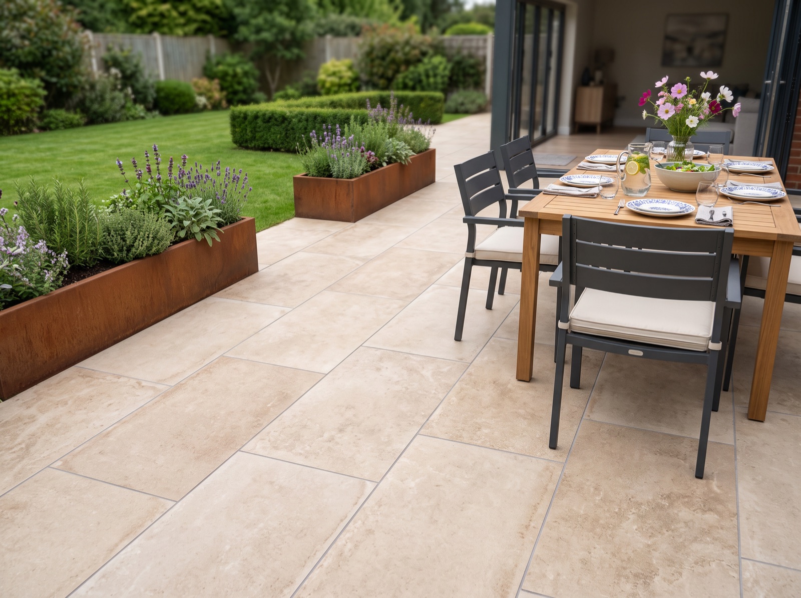 Crema Stone Italian Porcelain Paving Slabs – 1000×500 – 20mm shown laid in a garden setting