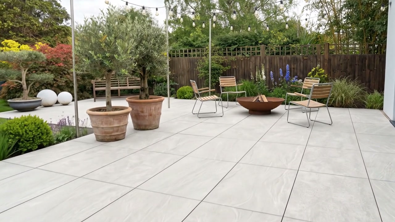 Everest Pearl Outdoor Porcelain Paving Slabs – 900×600 shown laid in a garden setting