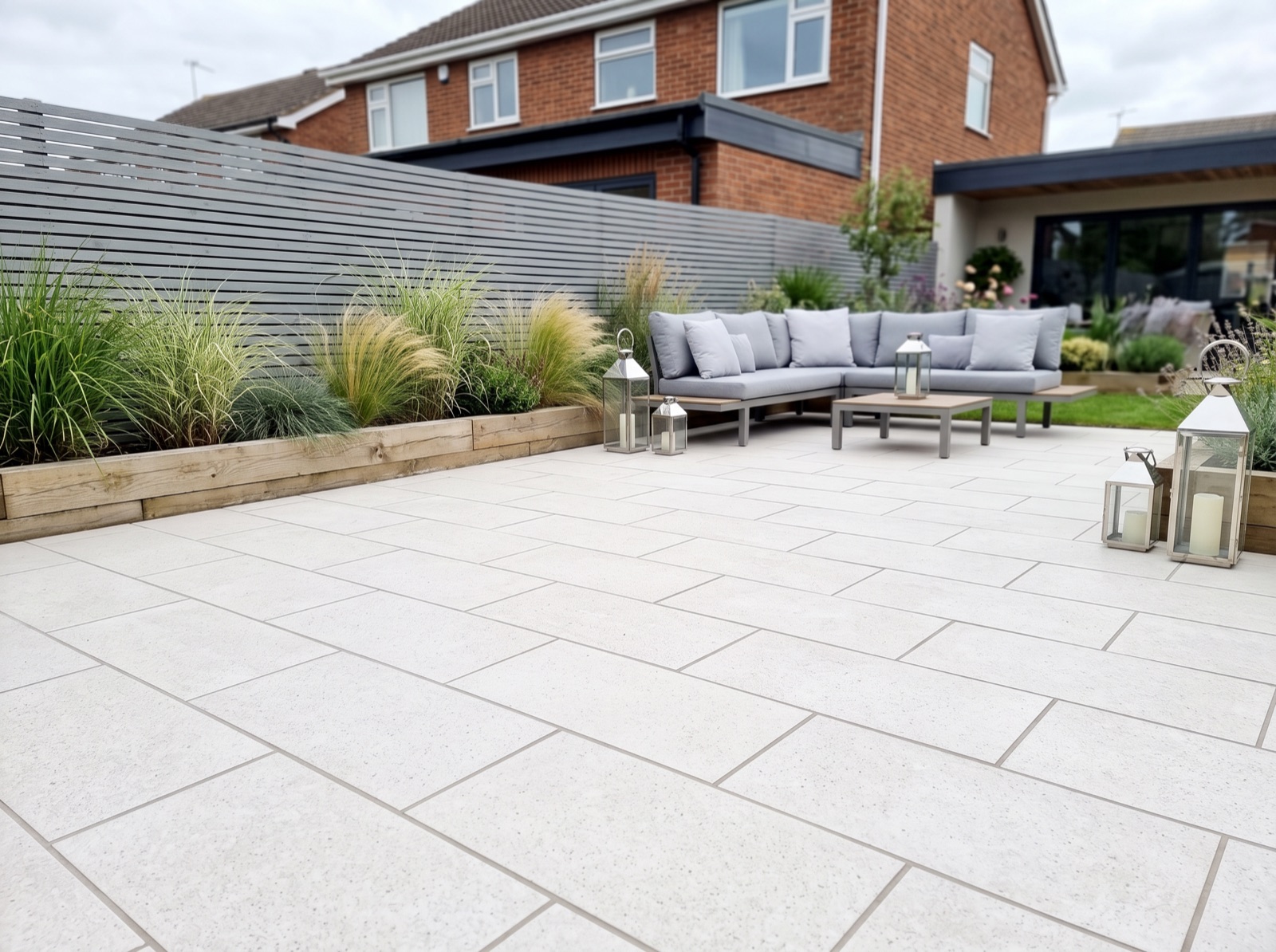Himalaya White Anti-Slip Patio Porcelain Paving Slabs – 900×600 shown laid in a garden setting