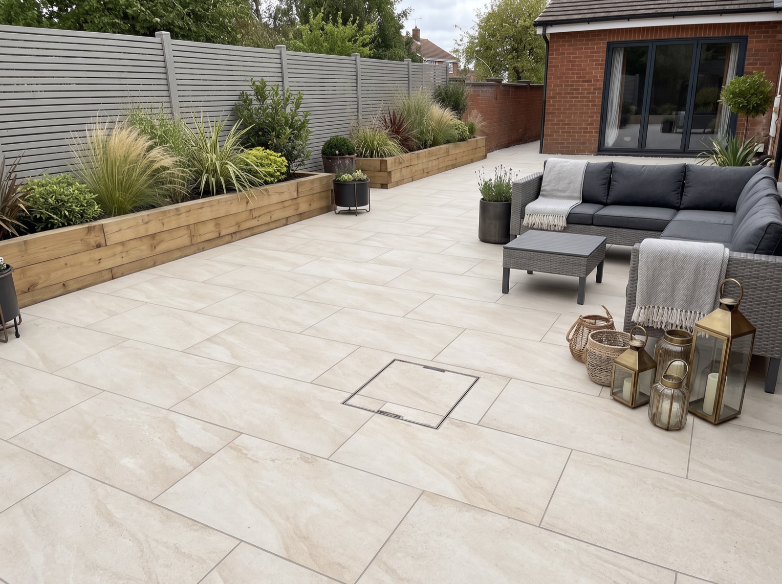 Lastle Beige Patio Porcelain Paving Slabs – 900×600 shown laid in a garden setting