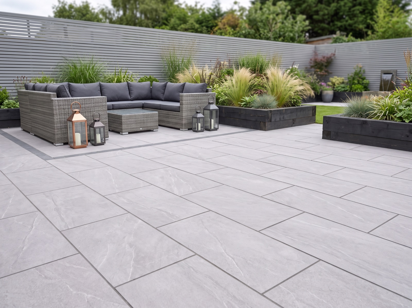 Monte Grey Anti-Slip Porcelain Paving Slabs – 900×600 shown laid in a garden setting