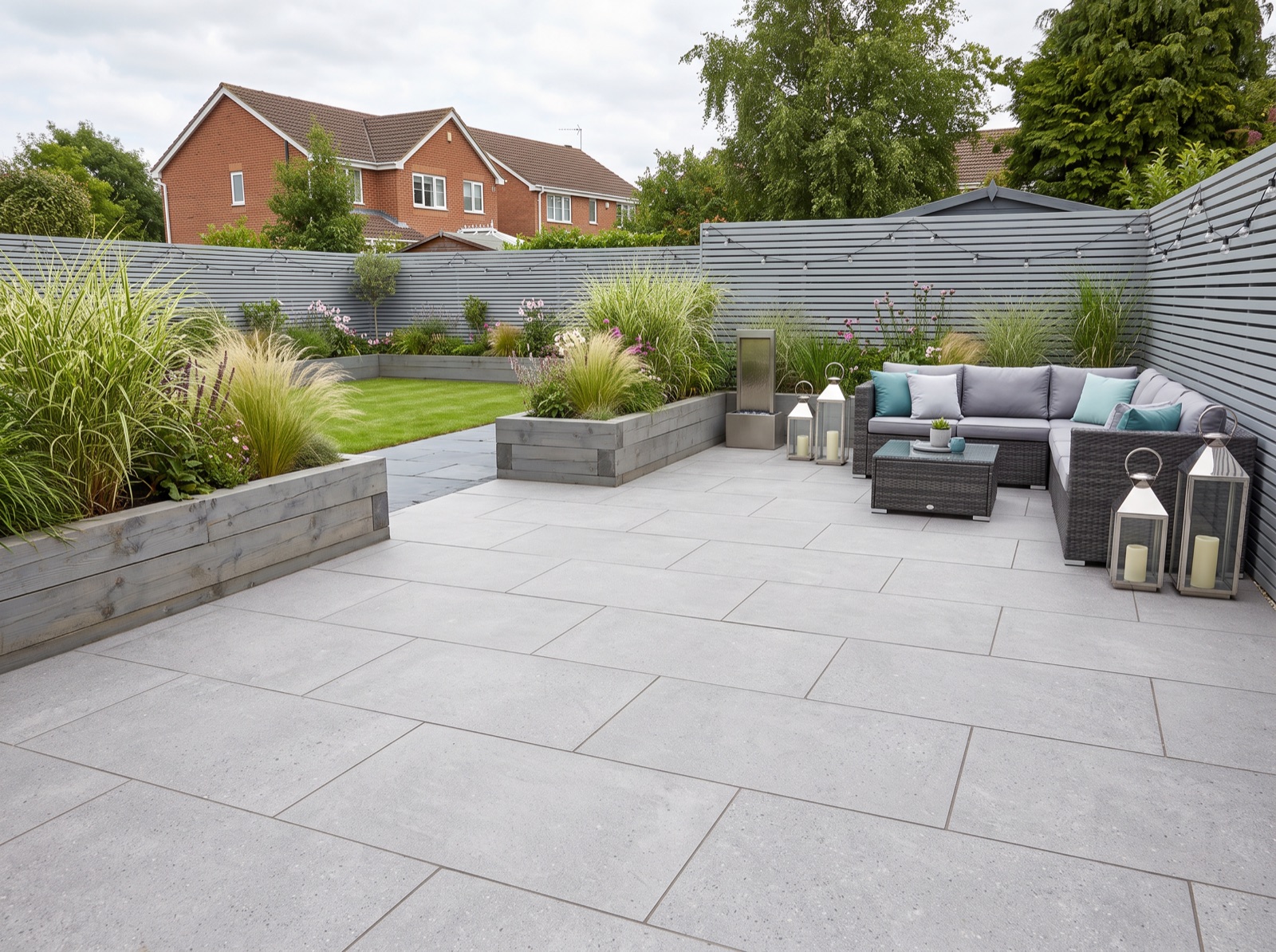 Moon Sand Grey Porcelain Patio Paving Slabs – 900×600 shown laid in a garden setting