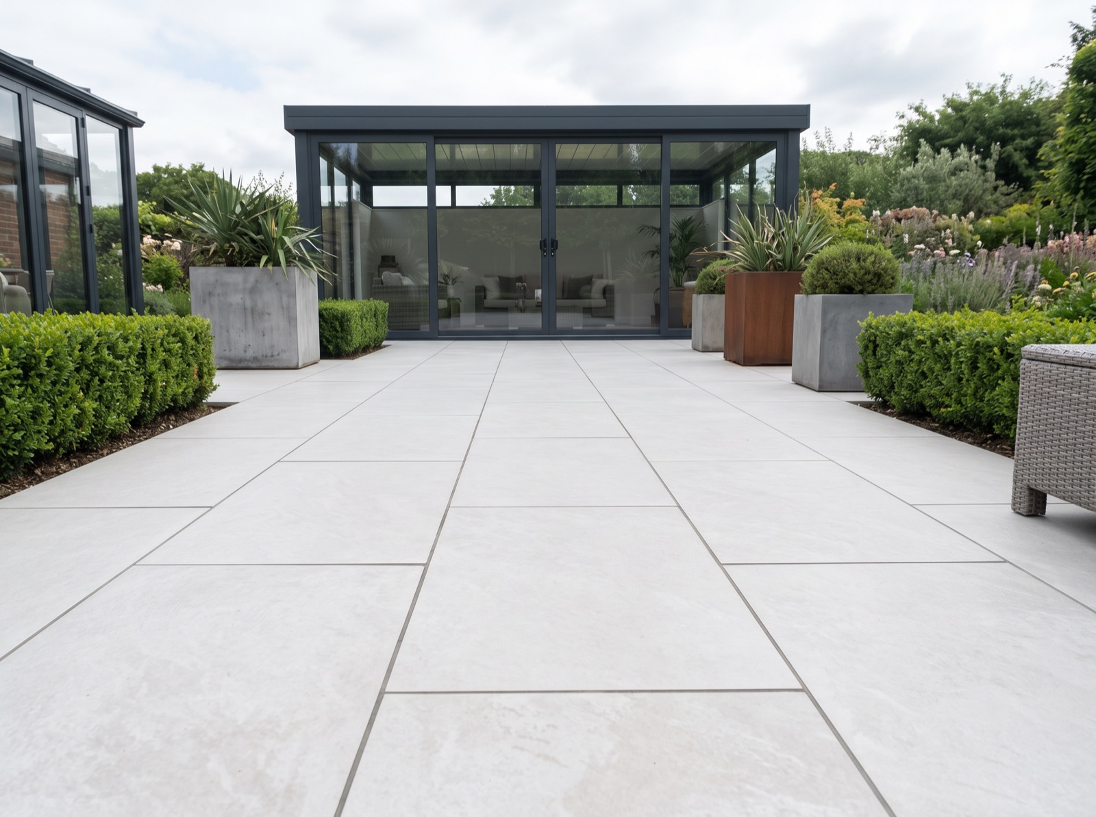 Quartz White Patio Porcelain Paving Slabs – 900×600 shown laid in a garden setting