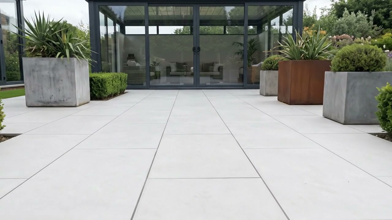 Quartz White Patio Porcelain Paving Slabs – 900×600 shown laid in a garden setting