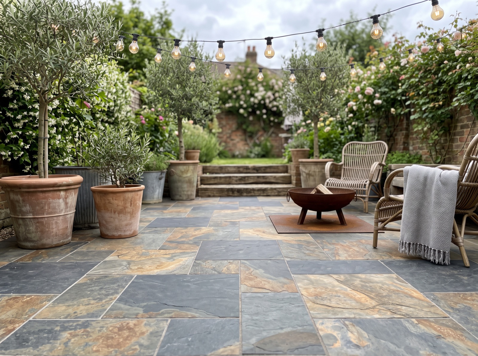 Rustic Copper Slate Outdoor Porcelain Paving Slabs – 900×600 shown laid in a garden setting