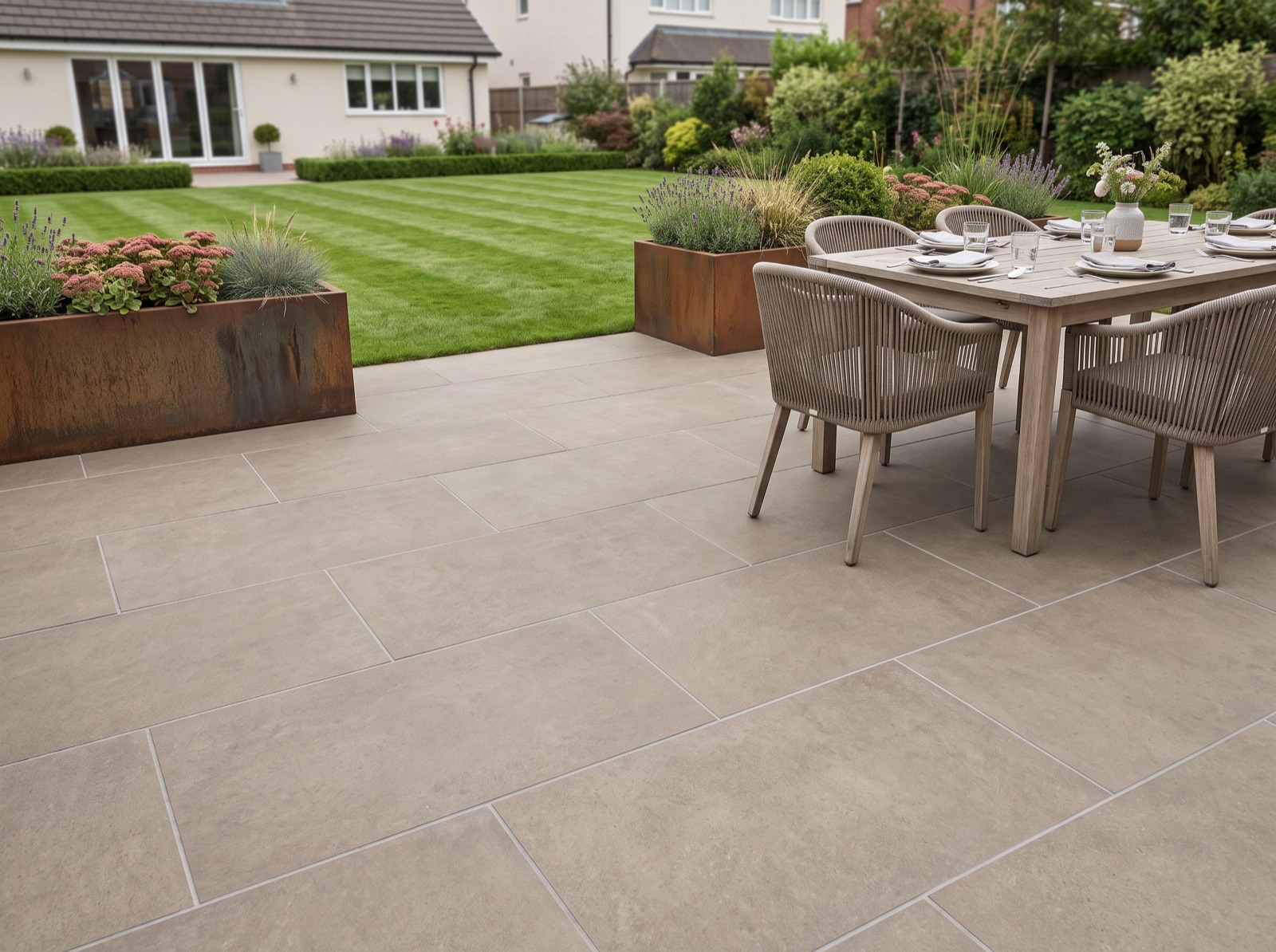 Stone Effect Grey Porcelain Paving Slabs – 900×600 shown laid in a garden setting