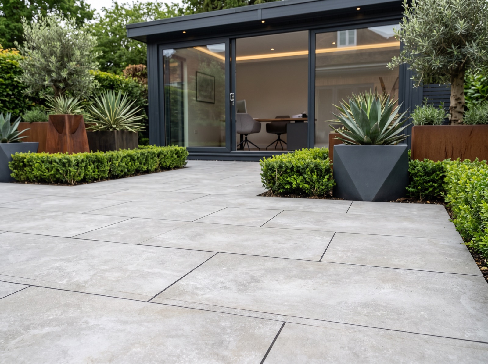 Limestone Grey Anti-Slip Outdoor Porcelain Paving Slabs – 900×600 – 20mm shown laid in a garden setting