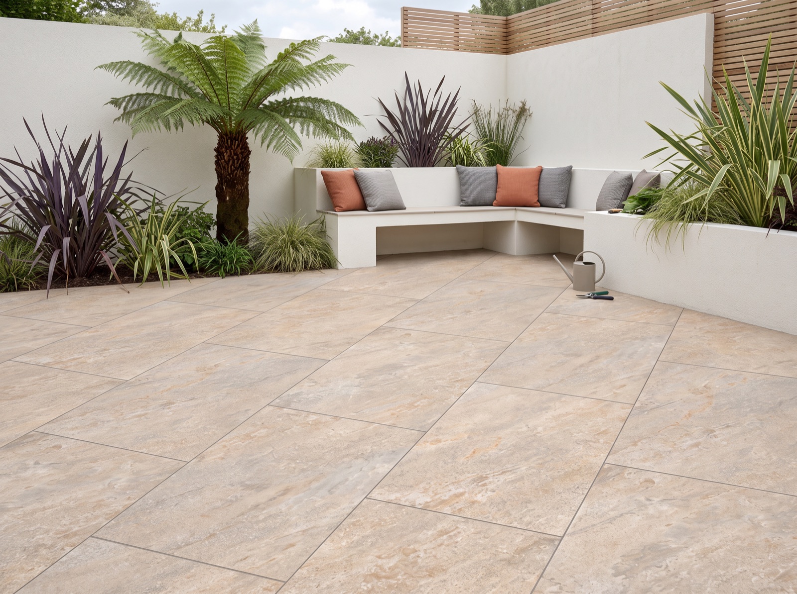 Stonefire Bronze Porcelain Patio Paving Slabs – 900×600 shown laid in a garden setting