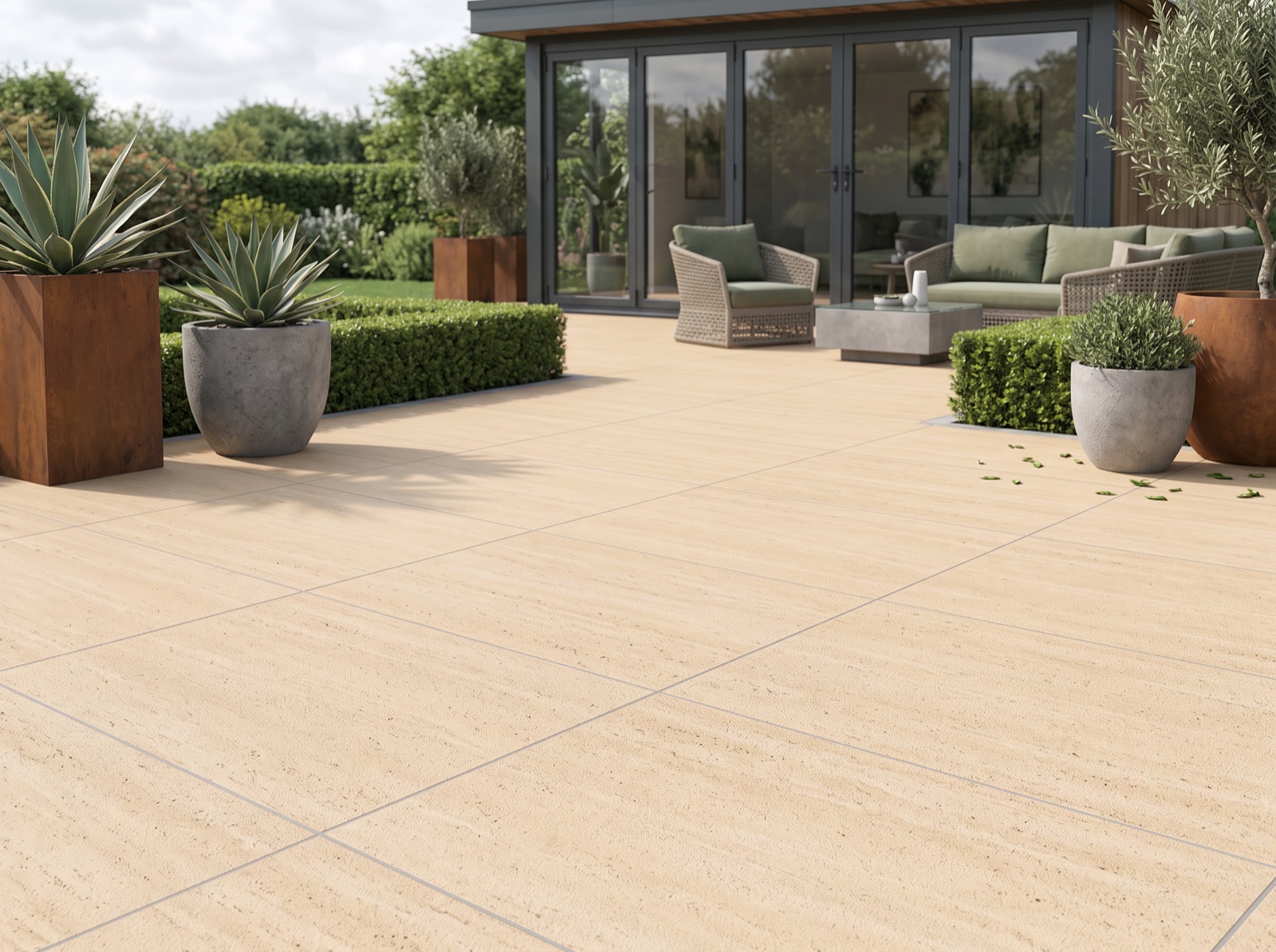 Travertino Gold Patio Porcelain Paving Slabs – 900×600 shown laid in a garden setting
