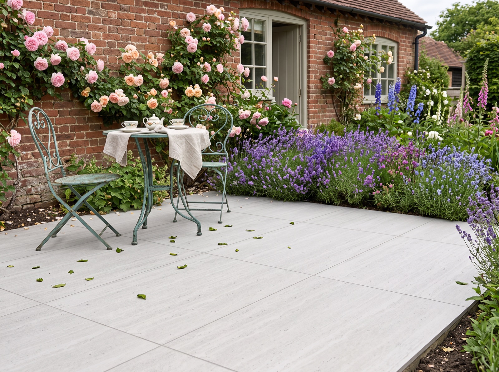 Travertino Grey Outdoor Porcelain Paving Slabs – Stone-Effect – 900×600 shown laid in a garden setting