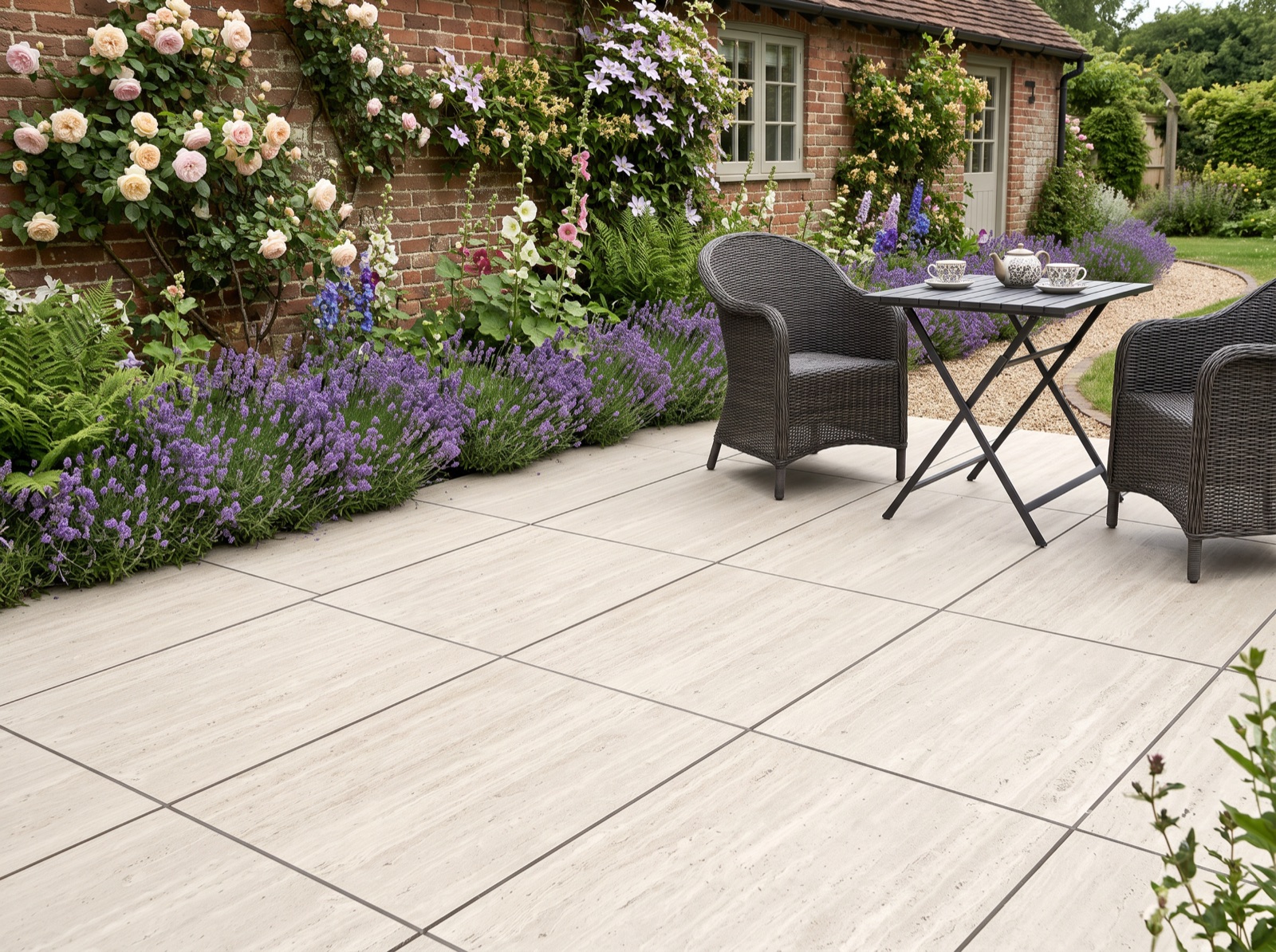 Travertino Verde Outdoor Porcelain Paving Slabs – 900×600 shown laid in a garden setting